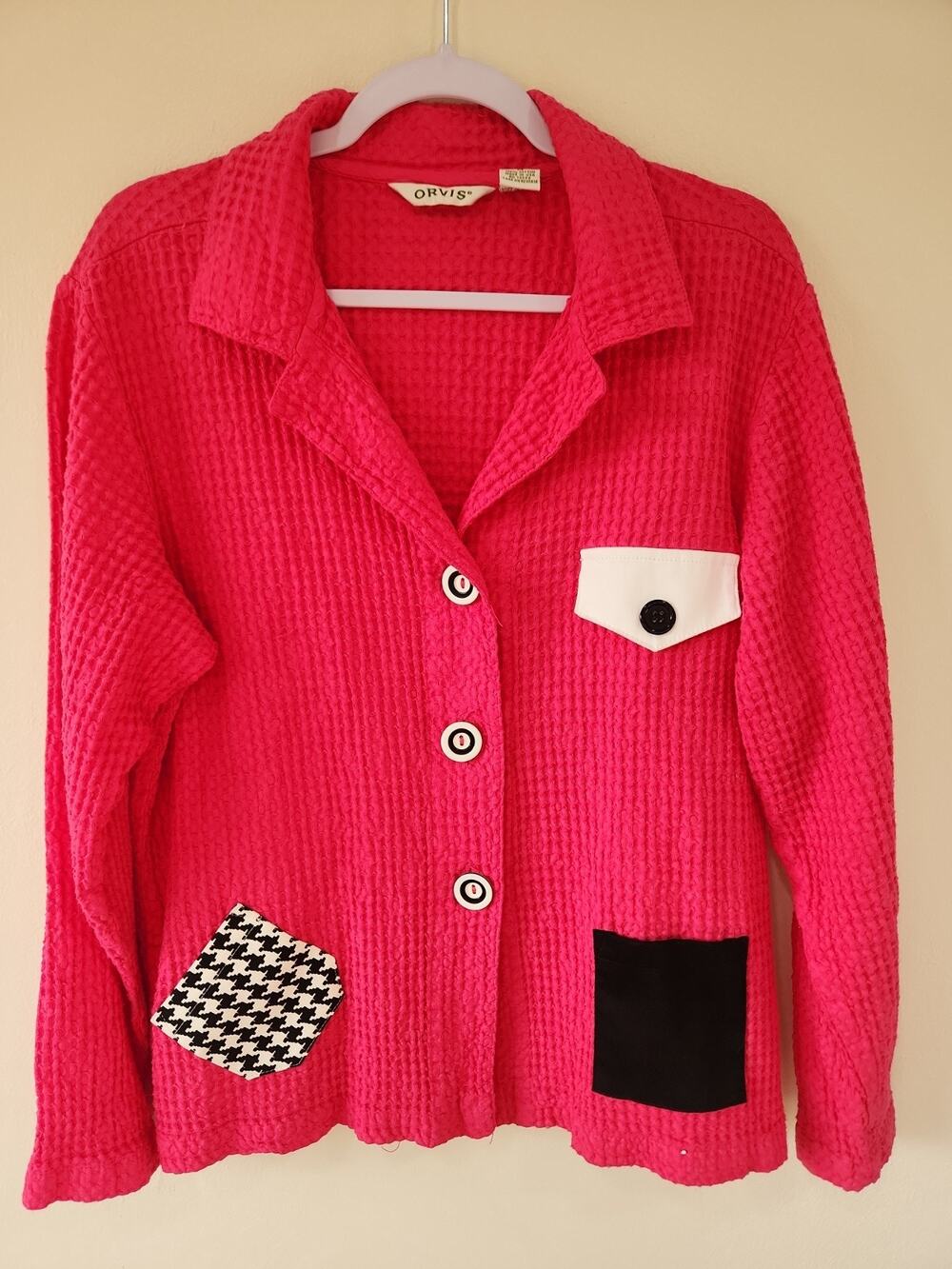 Orvis Vintage Cotton Waffle Knit Jacket Pink Geo 80s 90s Made In USA Womens Sz M